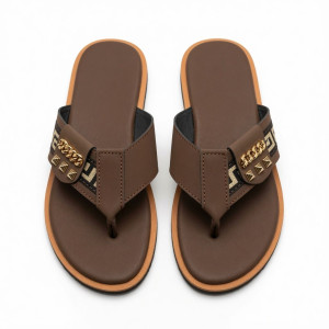 Mens Premium Brown Cross Strap Open Toe Slip On Sandals with Gold Accent